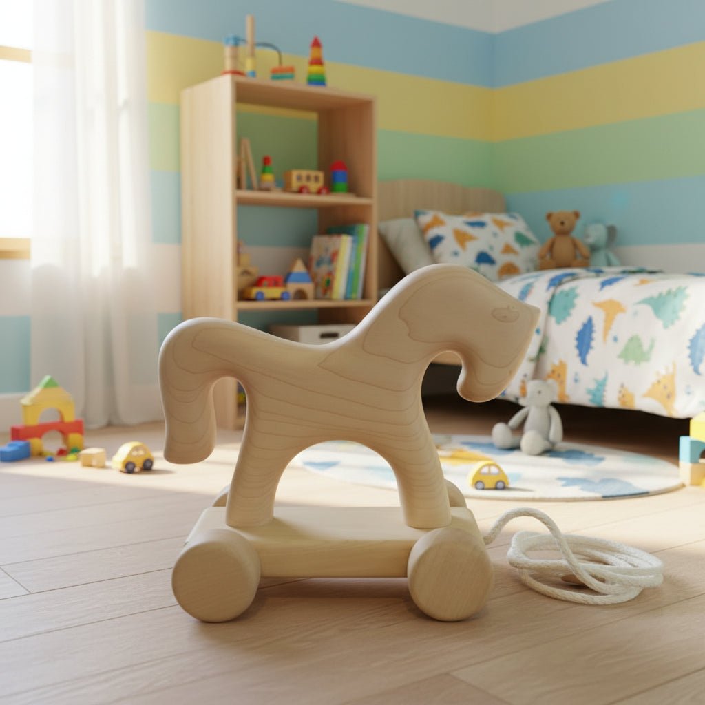 Wooden horse pull toy in a child's bedroom