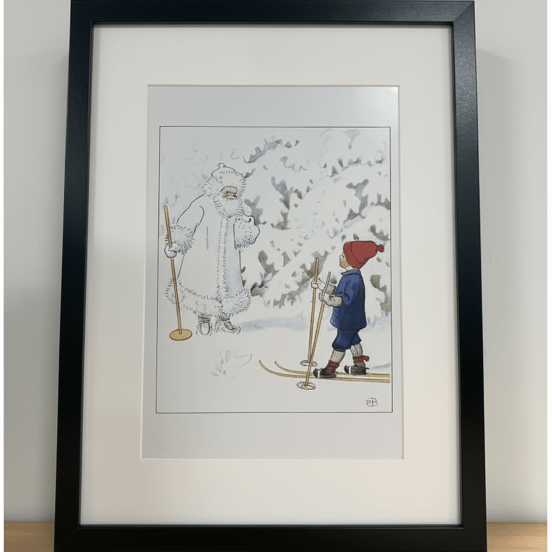 Framed illustration of a child and adult on skis in a snowy environment