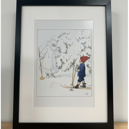 Framed illustration of a child and adult on skis in a snowy environment