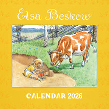 Elsa Beskow 2026 calendar cover with illustration of a girl playing in the sand while a cow watches on a yellow background.