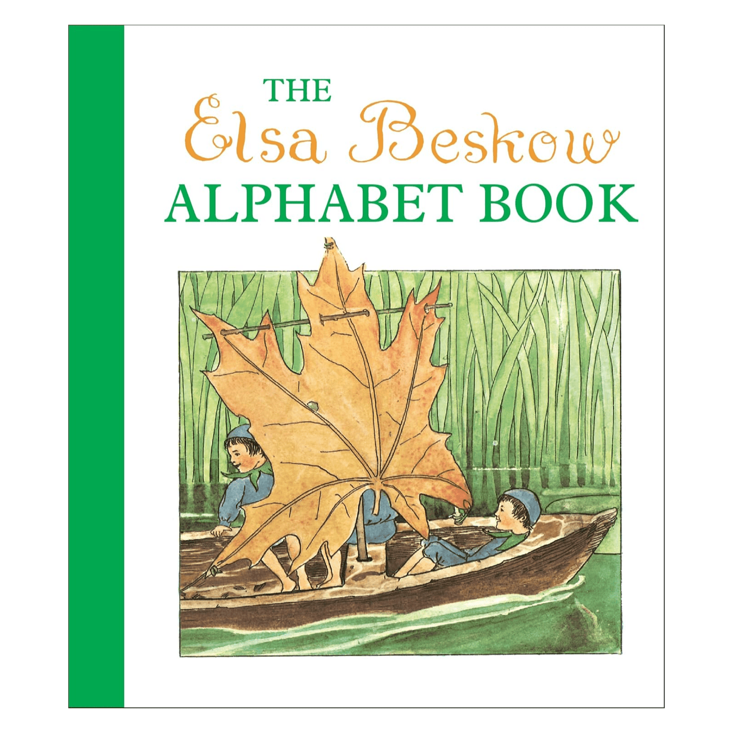 Elsa Beskow Alphabet Book featuring two boys riding in a boat with a leaf for a sail on a white background