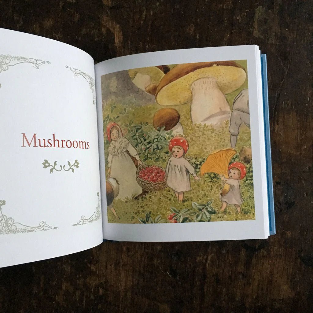 Elsa Beskow Alphabet Book open to the page "Mushrooms" featuring the children of the forest wearing mushroom caps and picking mushrooms