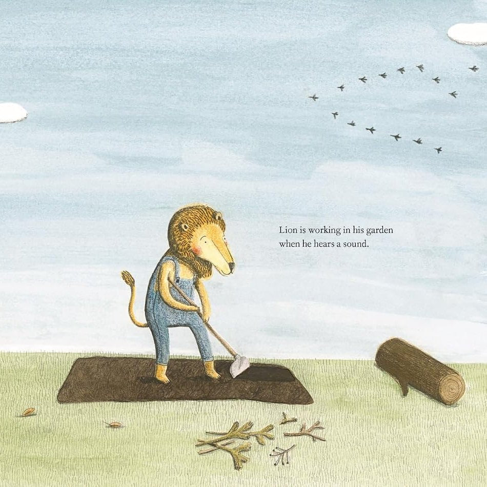 A whimsical illustrated scene shows a lion gardening in a garden, holding a rake and sitting on a mat, with a tree, log, grass, and sky in the background. Small text reads, 'Lion is working in his garden when he hears a sound.