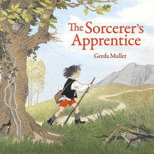 Book cover of 'The Sorcerer's Apprentice' with a boy holding a stick near a tree and mountains.