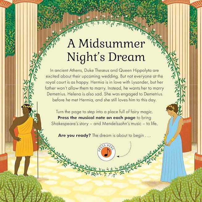 Illustrated scene from 'A Midsummer Night's Dream' with characters and classical architecture.
