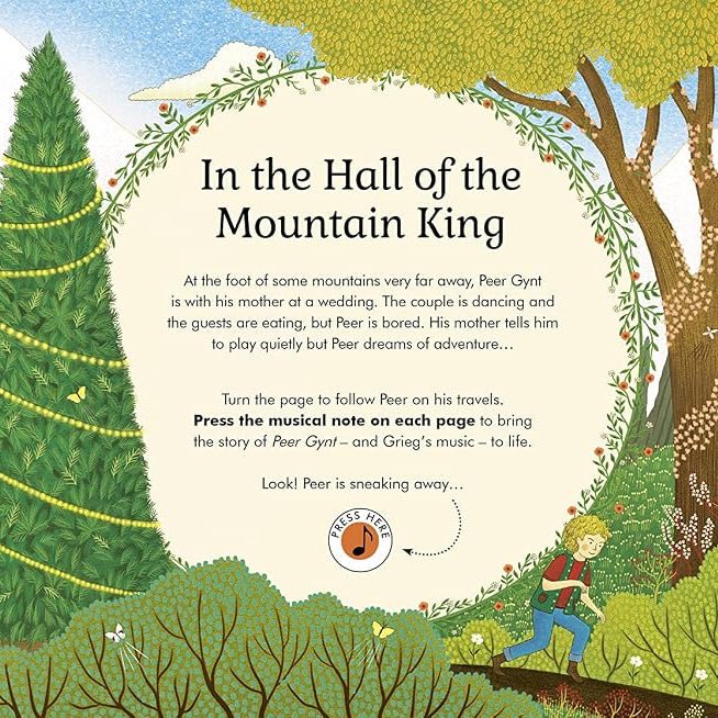 First page of 'In the Hall of the Mountain King' with a whimsical forest sceneand a round text panel showing story text and character descriptions.