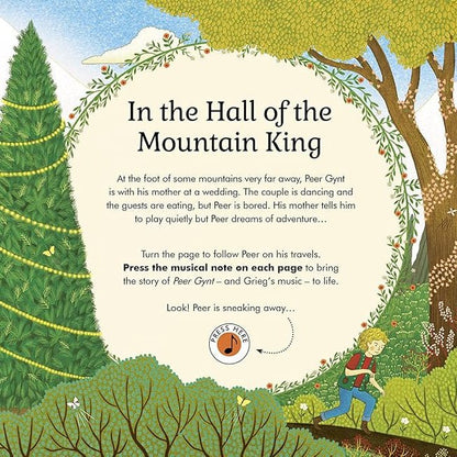 First page of 'In the Hall of the Mountain King' with a whimsical forest sceneand a round text panel showing story text and character descriptions.