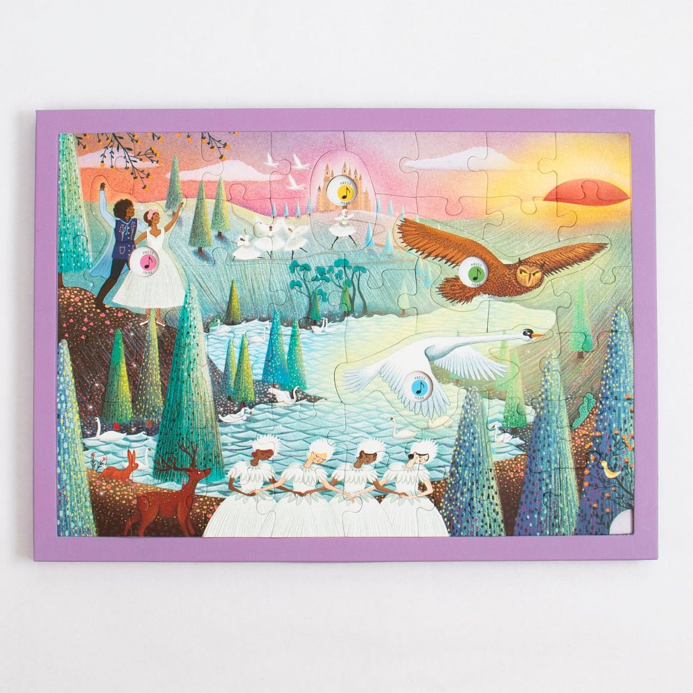 Colorful puzzle with a scene from Swan Lake in a purple frame on a white background