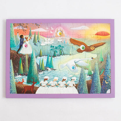 Colorful puzzle with a scene from Swan Lake in a purple frame on a white background
