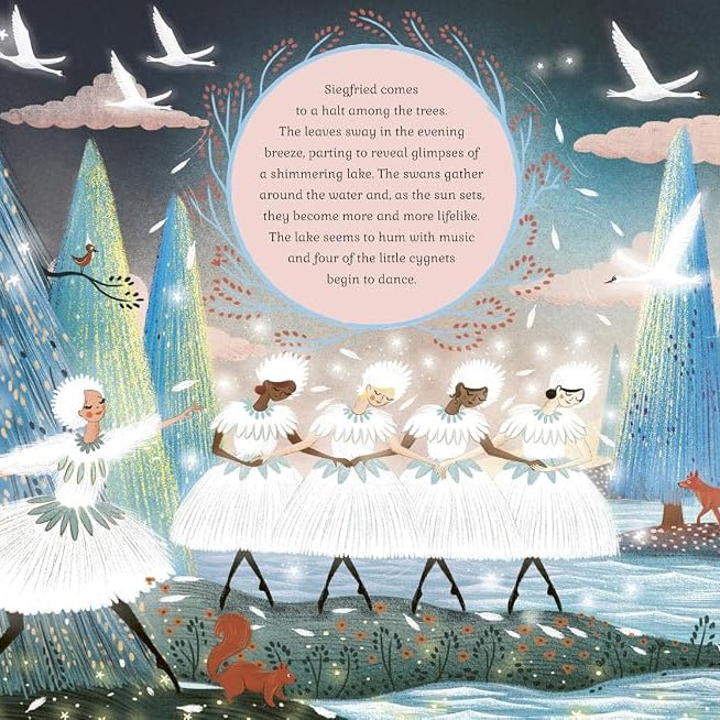 A whimsical illustrated scene showing ballerina dancers in white tutus in a glowing blue forest, with birds, clouds, and a circular text bubble containing a the story of Swan Lake