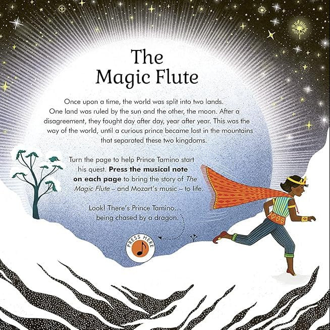First page of the story The Magic Flute with an illustration of a prince running through the snow