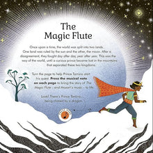 First page of the story The Magic Flute with an illustration of a prince running through the snow