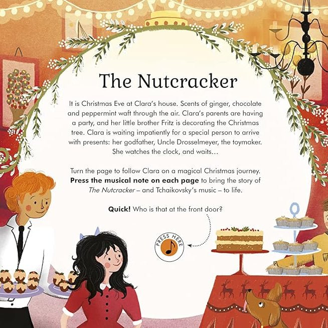 Illustrated scene from The Nutcracker with characters and festive decorations.