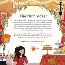 Illustrated scene from The Nutcracker with characters and festive decorations.