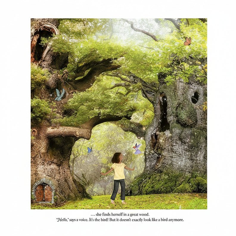 A whimsical forest scene with a small child standing in front of a massive ancient tree, surrounded by butterflies and green foliage. A beige band at the bottom contains a short story excerpt with text.
