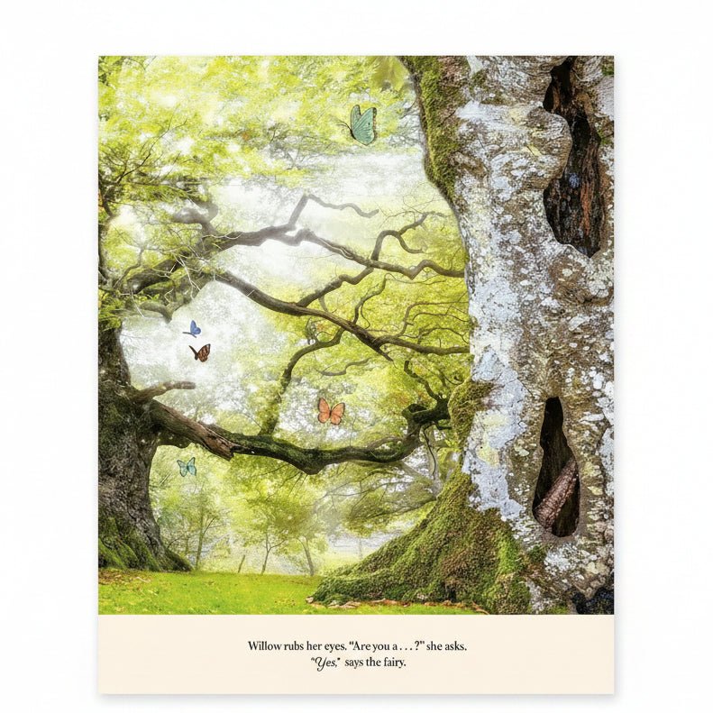 A whimsical forest scene with a large mossy tree trunk on the right, sunlit green canopy overhead, and several colorful butterflies flying through the branches. Below the scene, a cream band contains printed text: 'Willow rubs her eyes.