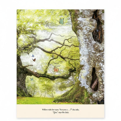 A whimsical forest scene with a large mossy tree trunk on the right, sunlit green canopy overhead, and several colorful butterflies flying through the branches. Below the scene, a cream band contains printed text: 'Willow rubs her eyes.