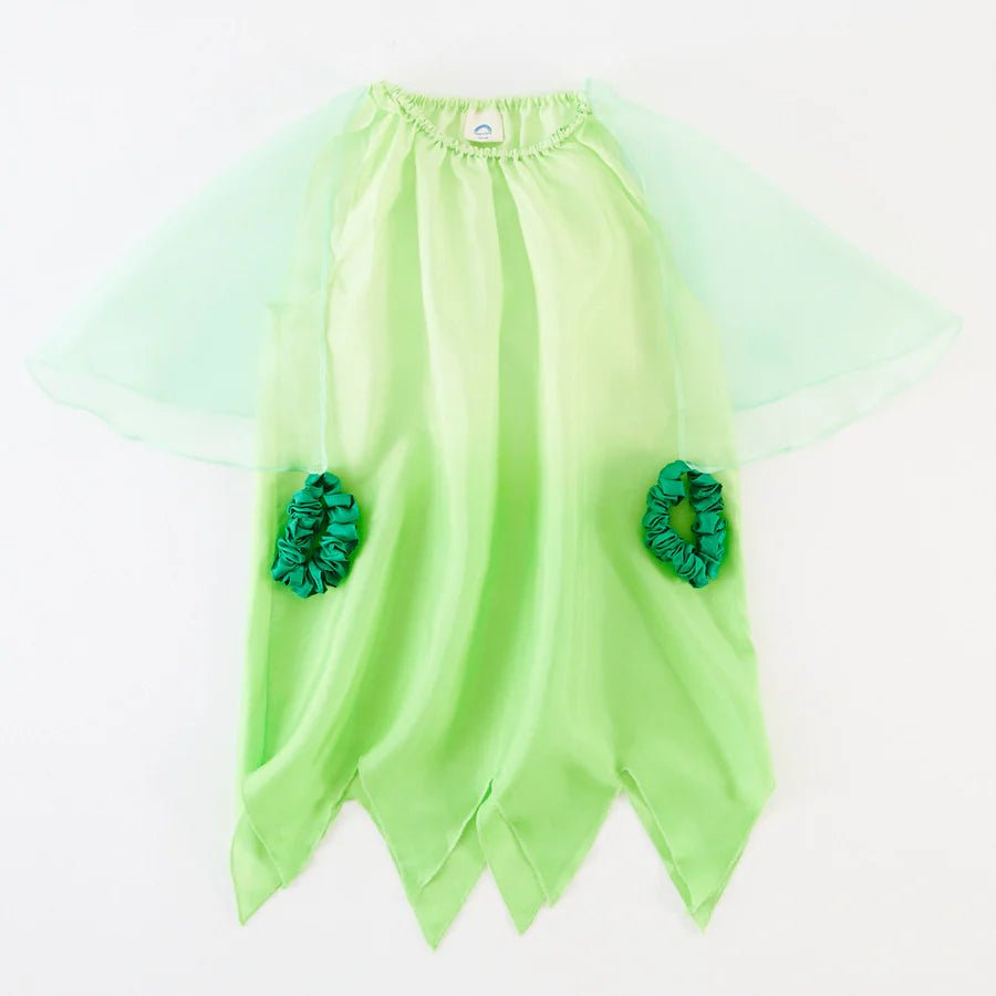 Light green silk dress with wings and wrist bands on a white background