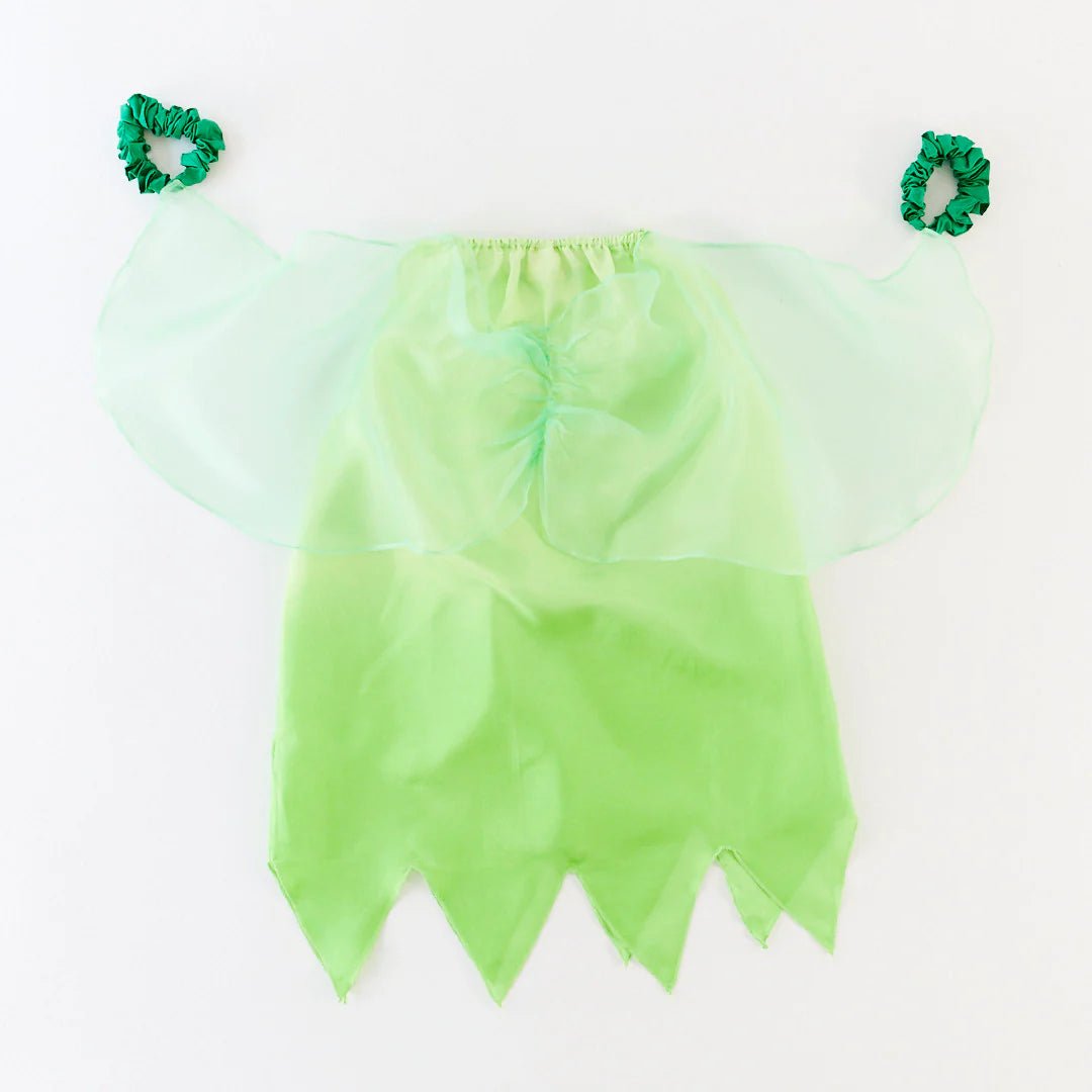 Back view of green Tinkerbell dress featuring wings and wrist bands on a white background
