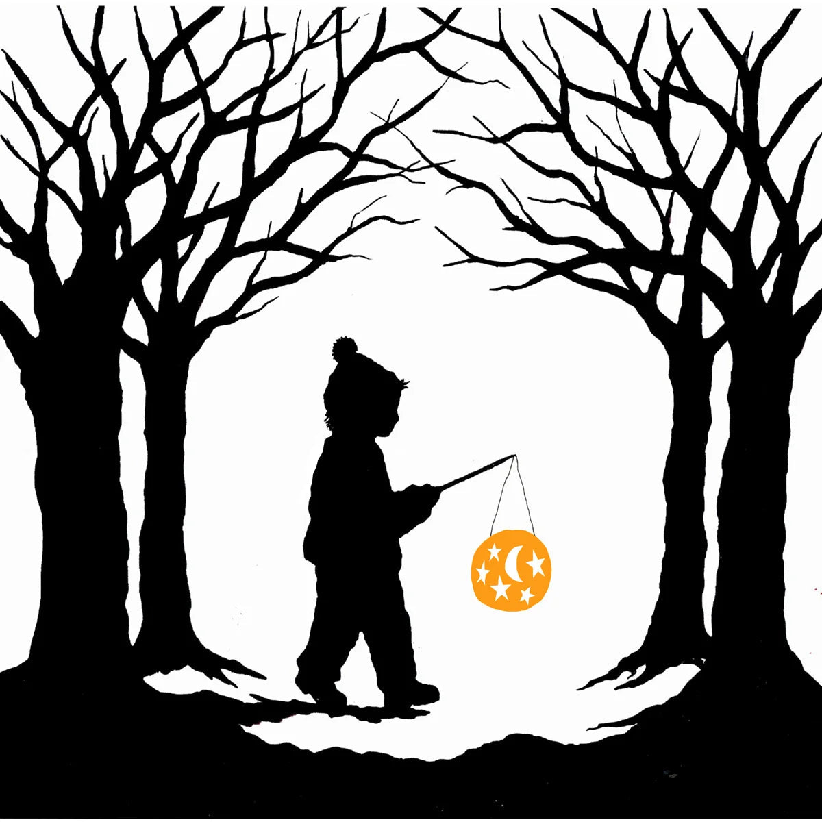 Black silhouette of a child walking with a fishing rod and a glowing orange moon and star lantern, framed by bare trees on a white background.
