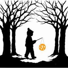 Black silhouette of a child walking with a fishing rod and a glowing orange moon and star lantern, framed by bare trees on a white background.