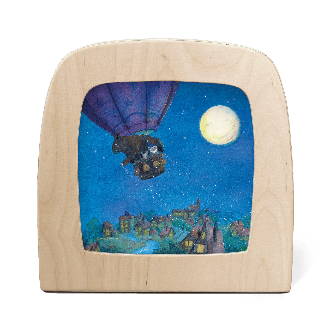A gnome and other creatures fly above a dimly lit city in a hot air balloon at night time