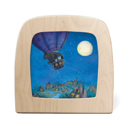 A gnome and other creatures fly above a dimly lit city in a hot air balloon at night time