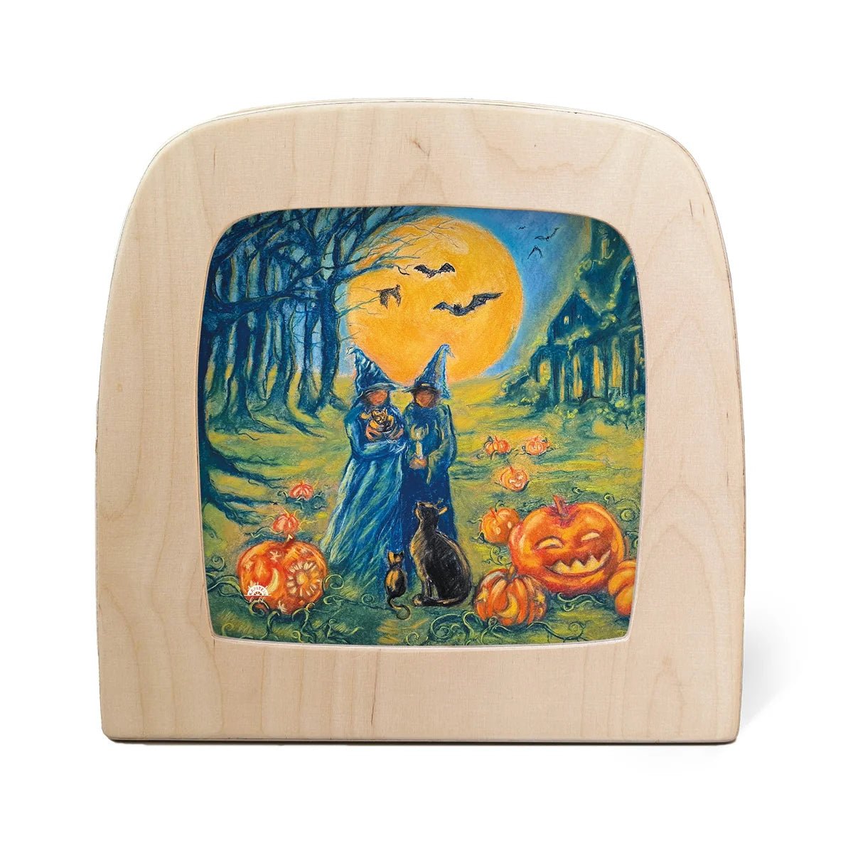Kapitein Kalk Toverlux Silhouette - All Hallows Eve The artwork shows two witches in blue cloaks standing in a moonlit forest with pumpkins, bats, and a full moon.