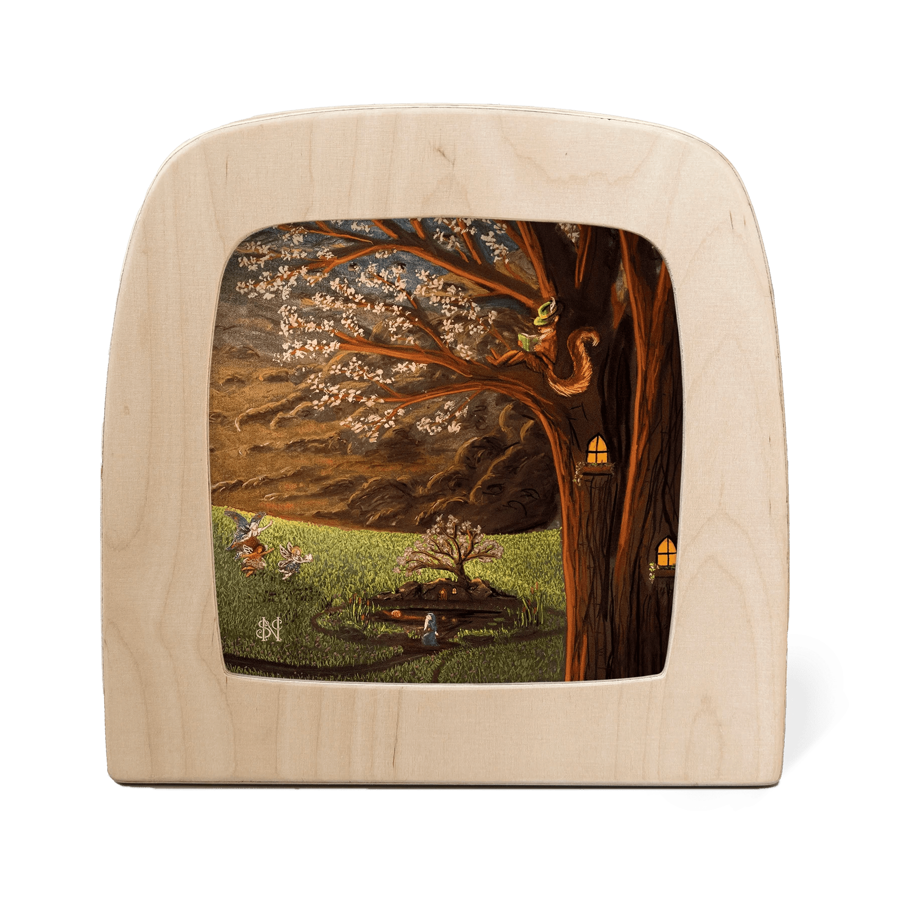 Squirrel reading a book in a large tree with fresh blossoms, while fairies flit around the green meadow