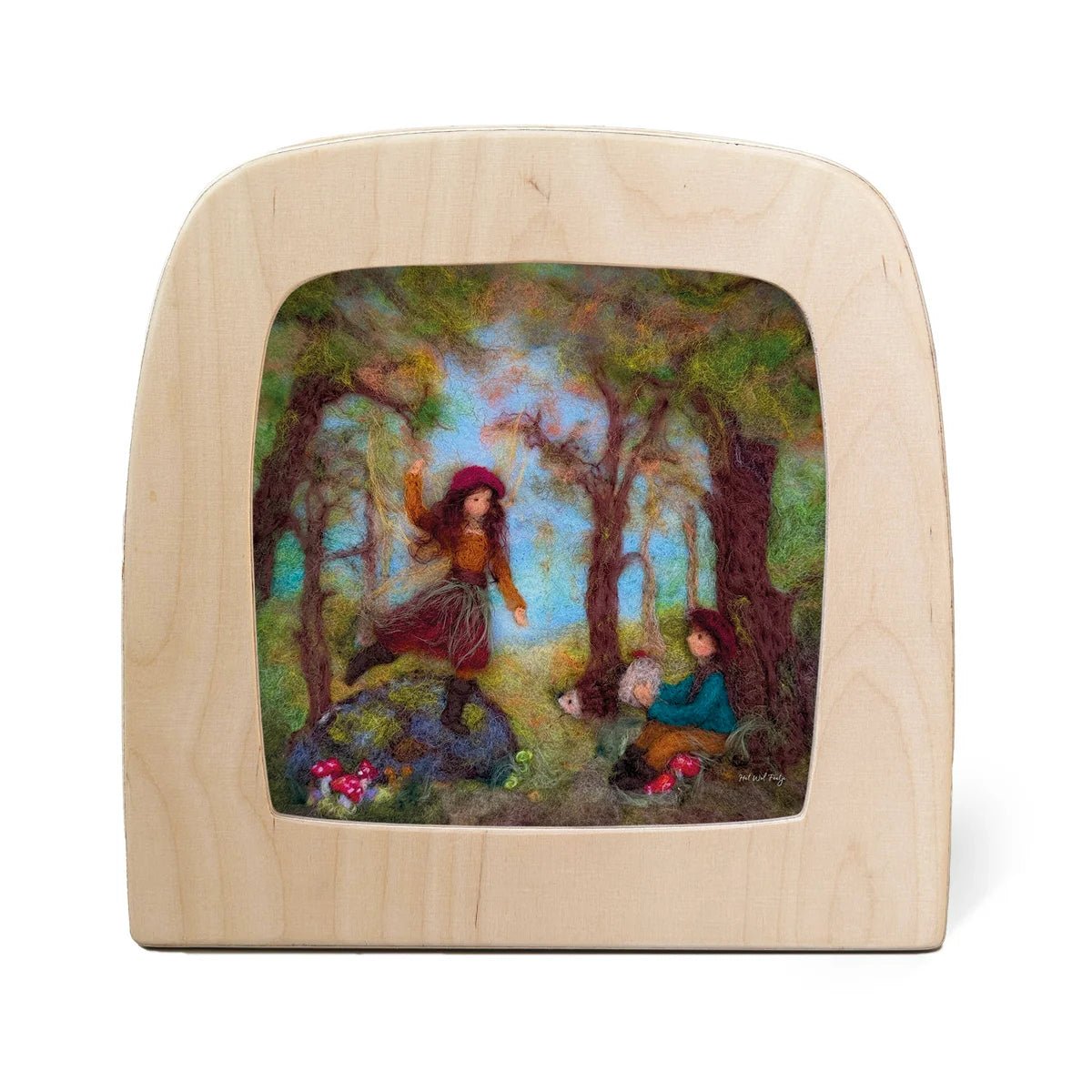 Toverlux lamp showcasing a colorful hand-painted or felted wool scene of fairy tale characters in a forest. The frame is made of light natural wood and is photographed against a clean white background.