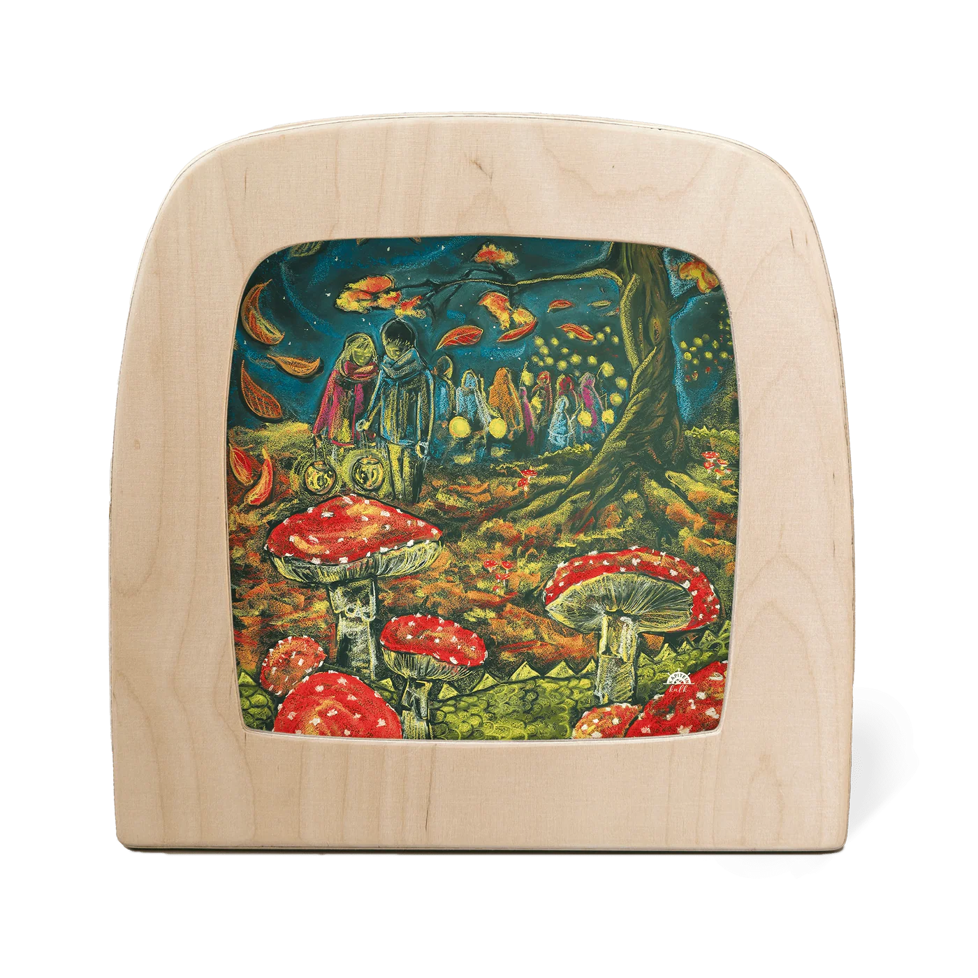 Silhouette of a children carrying lanterns in a toadstool forest