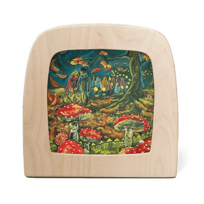 Silhouette of a children carrying lanterns in a toadstool forest