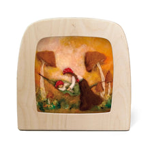 toverlux lamp with Autum lullaby silhouette depicting mushroom sized mother with baby on hammock.