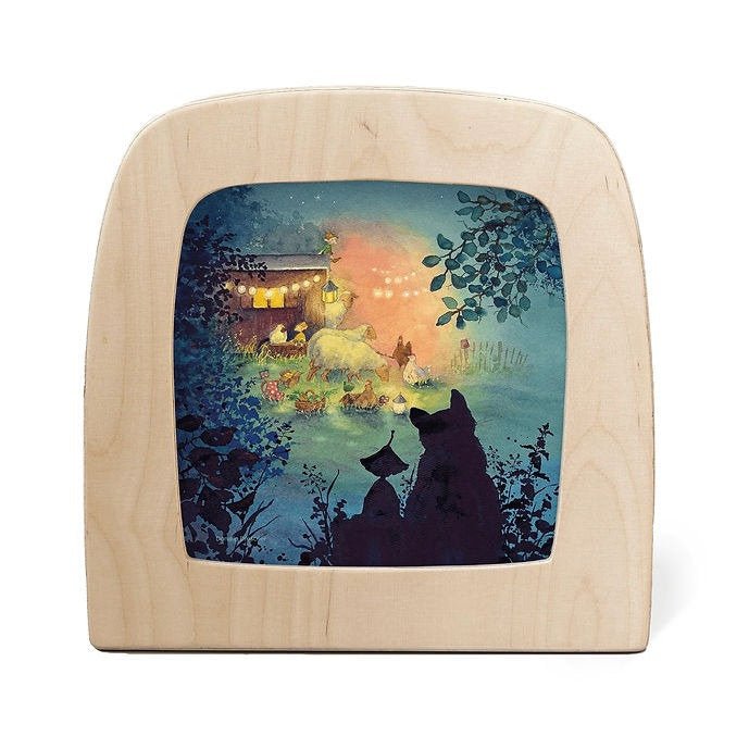 Silhouette of a gnome and cat overlooking animals having a barn party