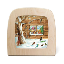 Toverlux silhouette by eentje van margo featuring a hand-painted winter scene of a snowy cabin, tree, and birds, set against a plain white background.
