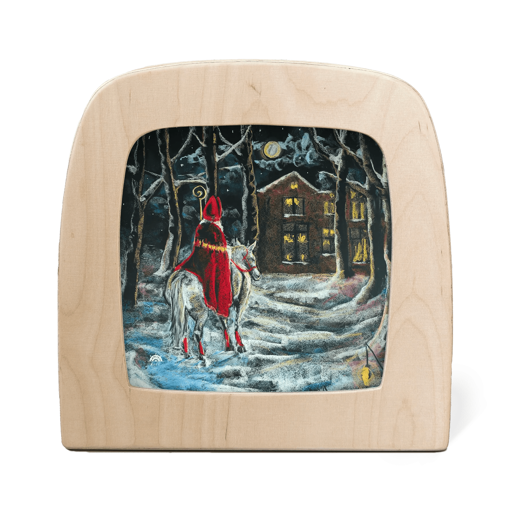 Wooden Toverlux frame with a winter scene painting of a person in a red coat on a horse.