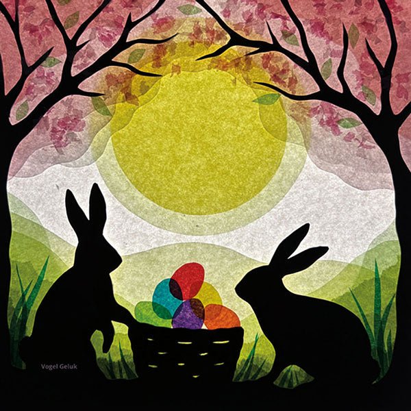 Two bunnies examining an easter basket full of eggs against a spring background