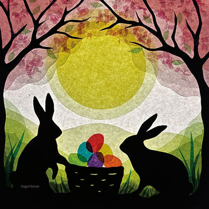 Two bunnies examining an easter basket full of eggs against a spring background