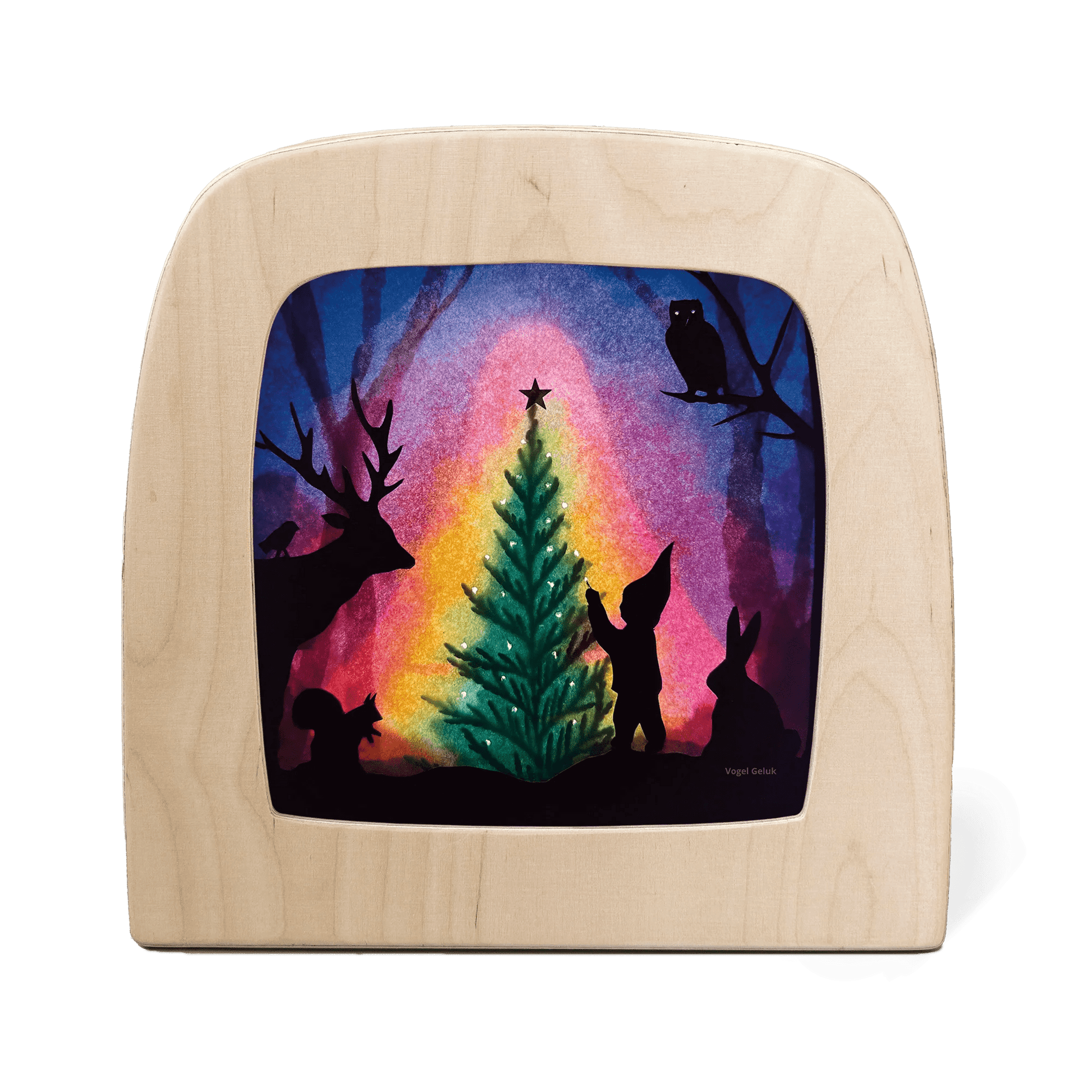 Silhouette of a gnome decorating a Christmas tree in the forest, surrounded by animals