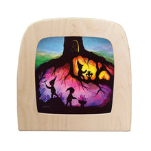 Silhouette of an underground scene with dwarves collecting gems and drinking tea