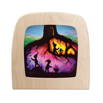 Silhouette of an underground scene with dwarves collecting gems and drinking tea