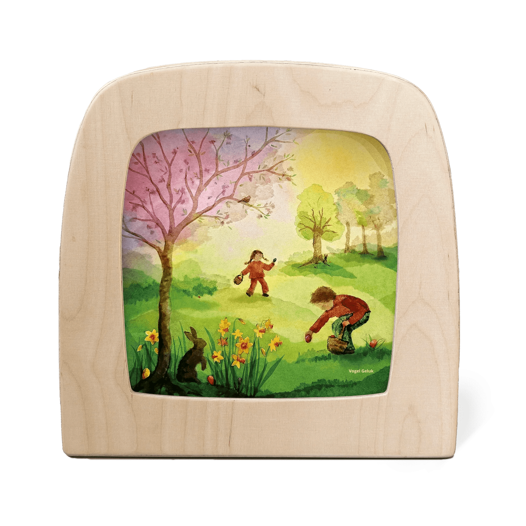 Two children having an Easter egg hunt in a colorful field