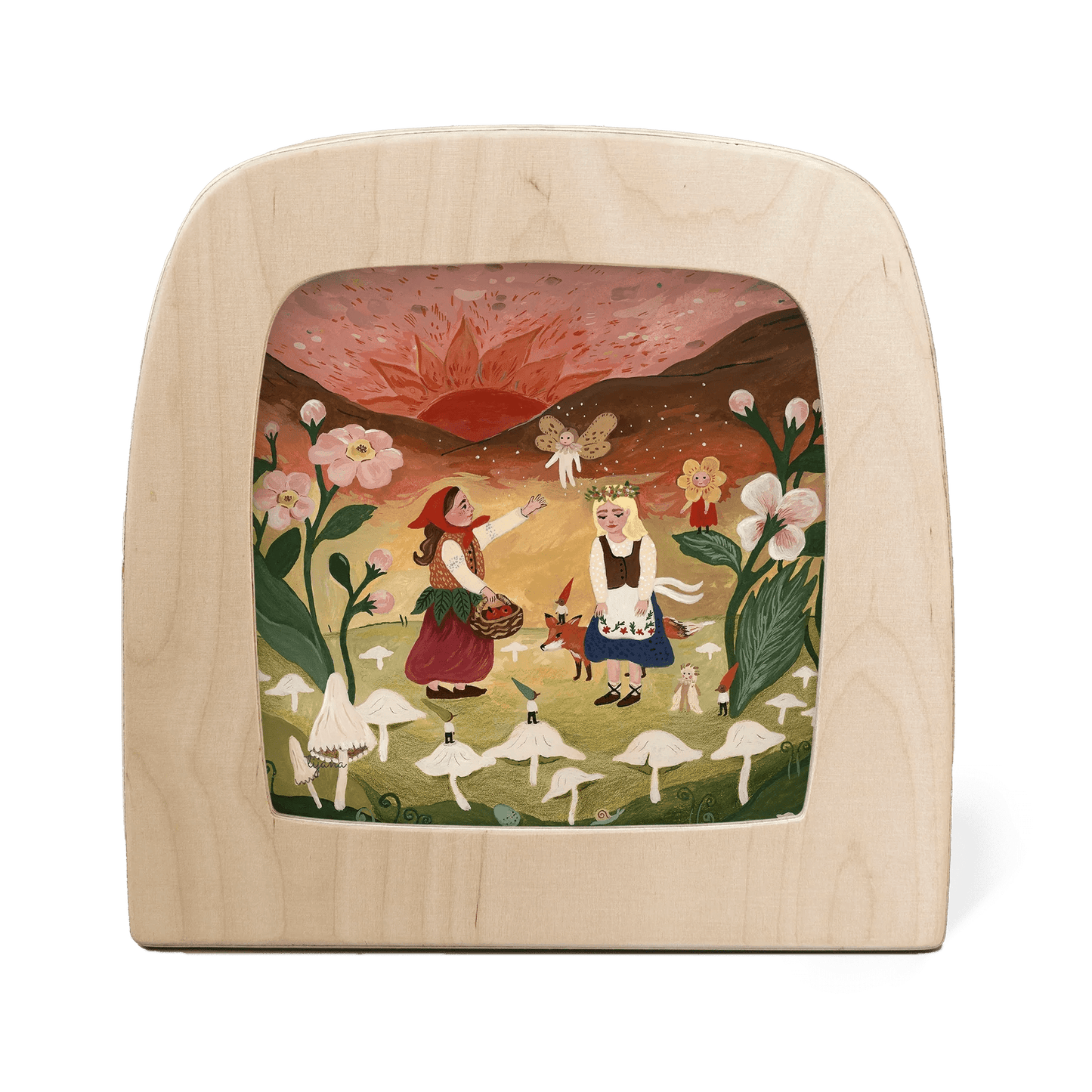 two girls , fairies, and gnomes in a field surrounded by pink flowers, white mushrooms, and a red and pink sunset in the background