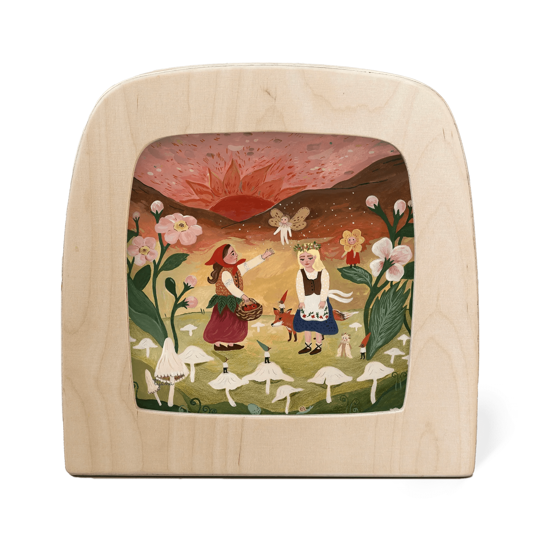two girls , fairies, and gnomes in a field surrounded by pink flowers, white mushrooms, and a red and pink sunset in the background