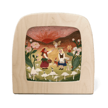 two girls , fairies, and gnomes in a field surrounded by pink flowers, white mushrooms, and a red and pink sunset in the background