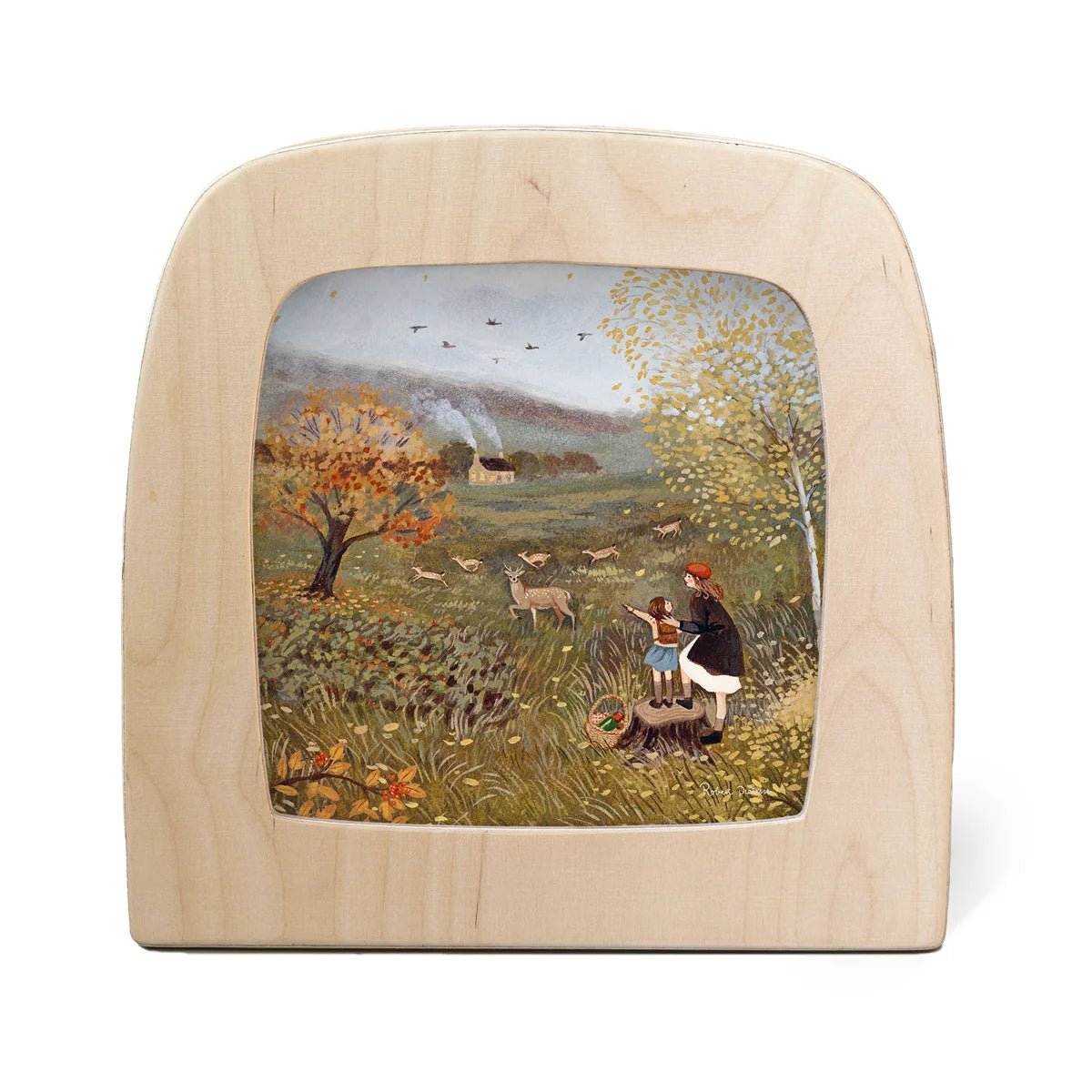 Toverlux lamp featuring a hand-painted rustic landscape scene in the center. The scene depicts a woman and child by a tree with sheep and an autumn tree in a field.