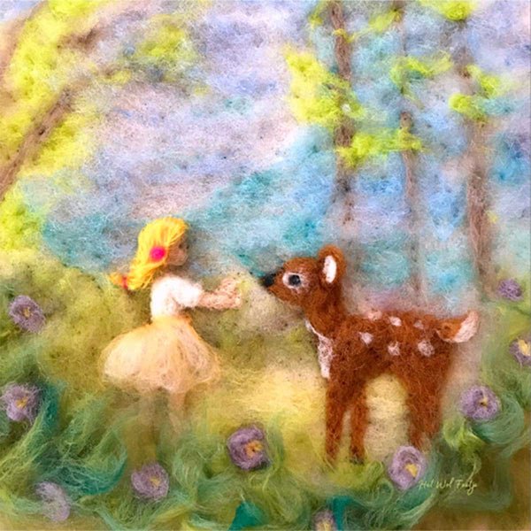 Toverlux Lamp Silhouette - Girl with Deer (Het Wol Feetje) - wood, wool, felt Lamp Accessories for open-ended play - Title...