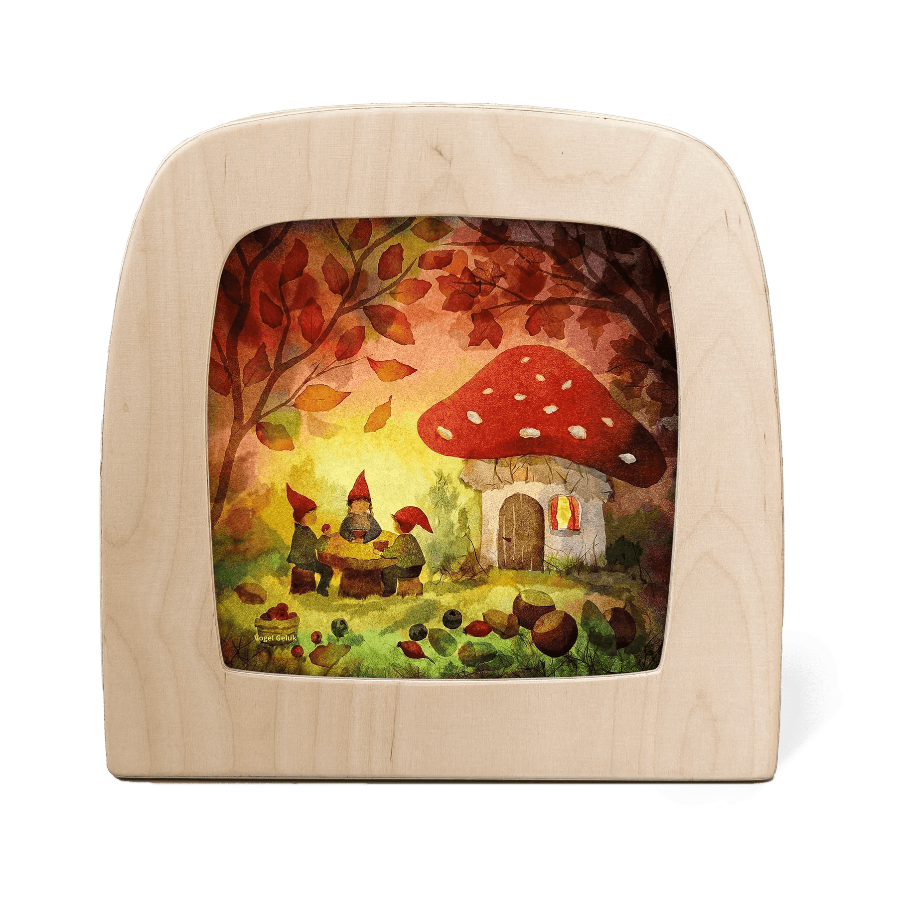Silhouette of three gnomes sitting at a table outside of their mushroom home enjoying a picnic