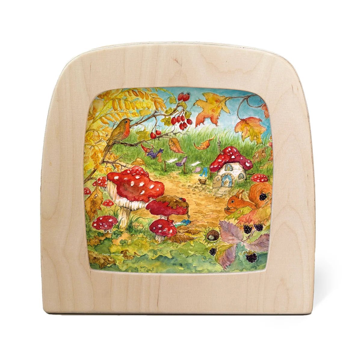Toverlux lampdisplaying a colorful whimsical forest illustration featuring red-and-white mushrooms, autumn leaves, a bird, a small house, and a fox, shown on a white background.