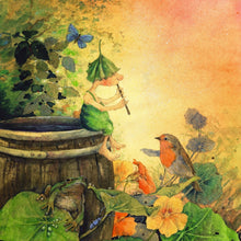 Griswald the Gnome playing flute with a robin and frog in a garden setting